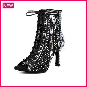 Rhinestone Open Toe Dance Heels 3.5 Inch Satin Suede Sole Ballroom Latin